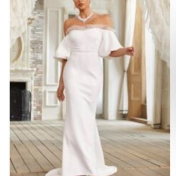 Giffniseti New Off Shoulder Contrast Mesh Mermaid Hem Wedding Dress- SIZE LARGE - Picture 2 of 13